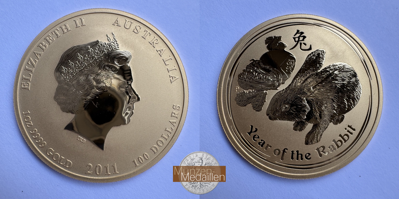 Australien 100 Dollar MM-Frankfurt KM#1485 Feingold: 31,1g Year of the Rabbit 2011 