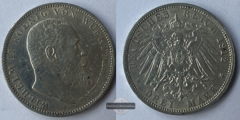  Deutschland. dt. Kaiserreich 3 Mark 1912 Wilhelm II F FM-Frankfurt KM#635 Feinsilber: 15g   