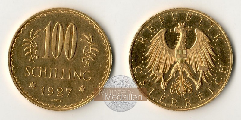 ÖSTERREICH, 1. Republik 1925-1938. MM-Frankfurt Feingold: 21,17g 100 Schilling 1927 