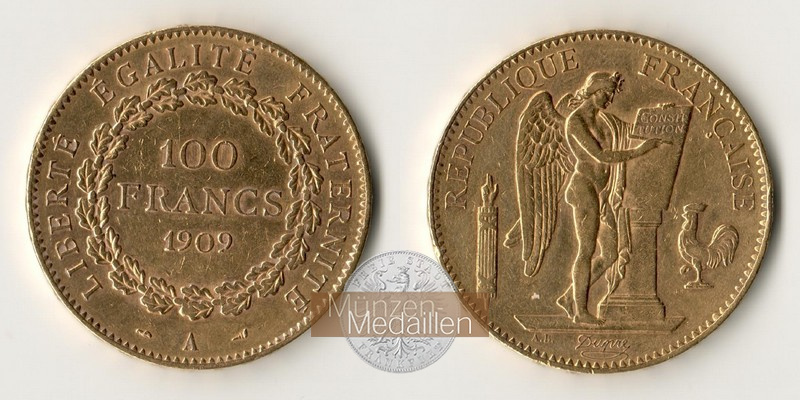 Frankreich MM-Frankfurt Feingold: 29,03g 100 Francs 1909 A 