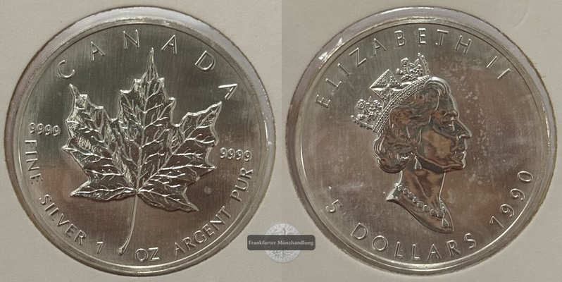  Kanada - 5 Dollar  1990  Maple Leaf   FM-Frankfurt    Feinsilber: 31g   