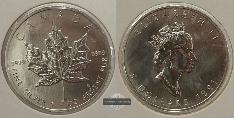  Kanada - 5 Dollar  1991  Maple Leaf   FM-Frankfurt    Feinsilber: 31g   