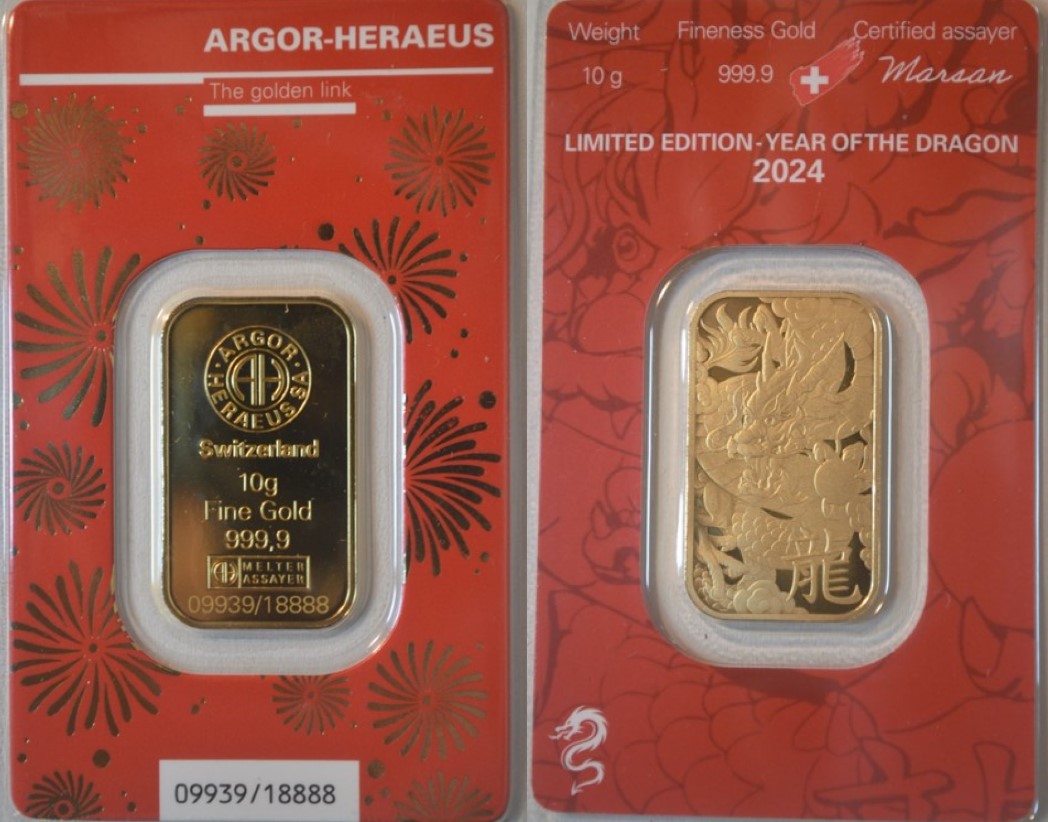  -kirofa - Schweiz - Baren Gold 10 g.- 9999  - YEAR OF THE DRAGON 2024 .  ARGOR-HERAEUS. LTD EDITION.   