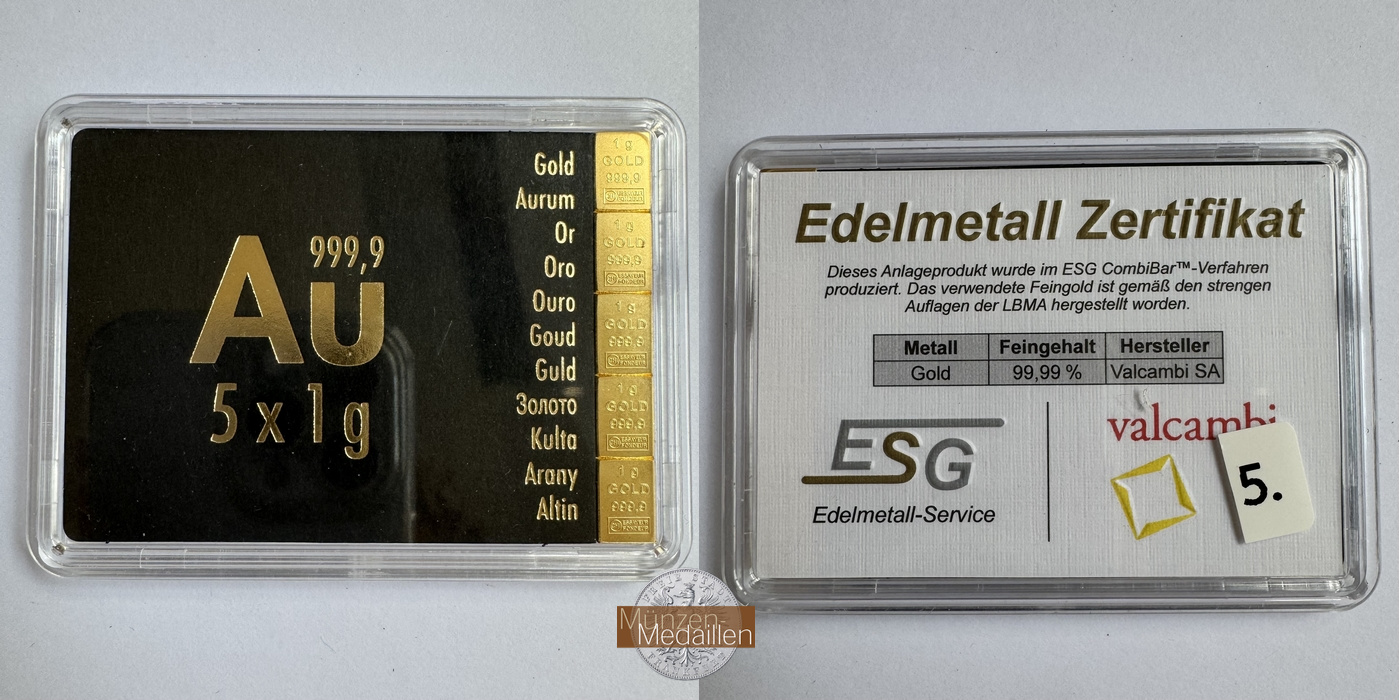  Valcambi SA Gold Kombi Barren 5x 1g (Gold 0.9999) MM-Frankfurt Feingold: 5g   