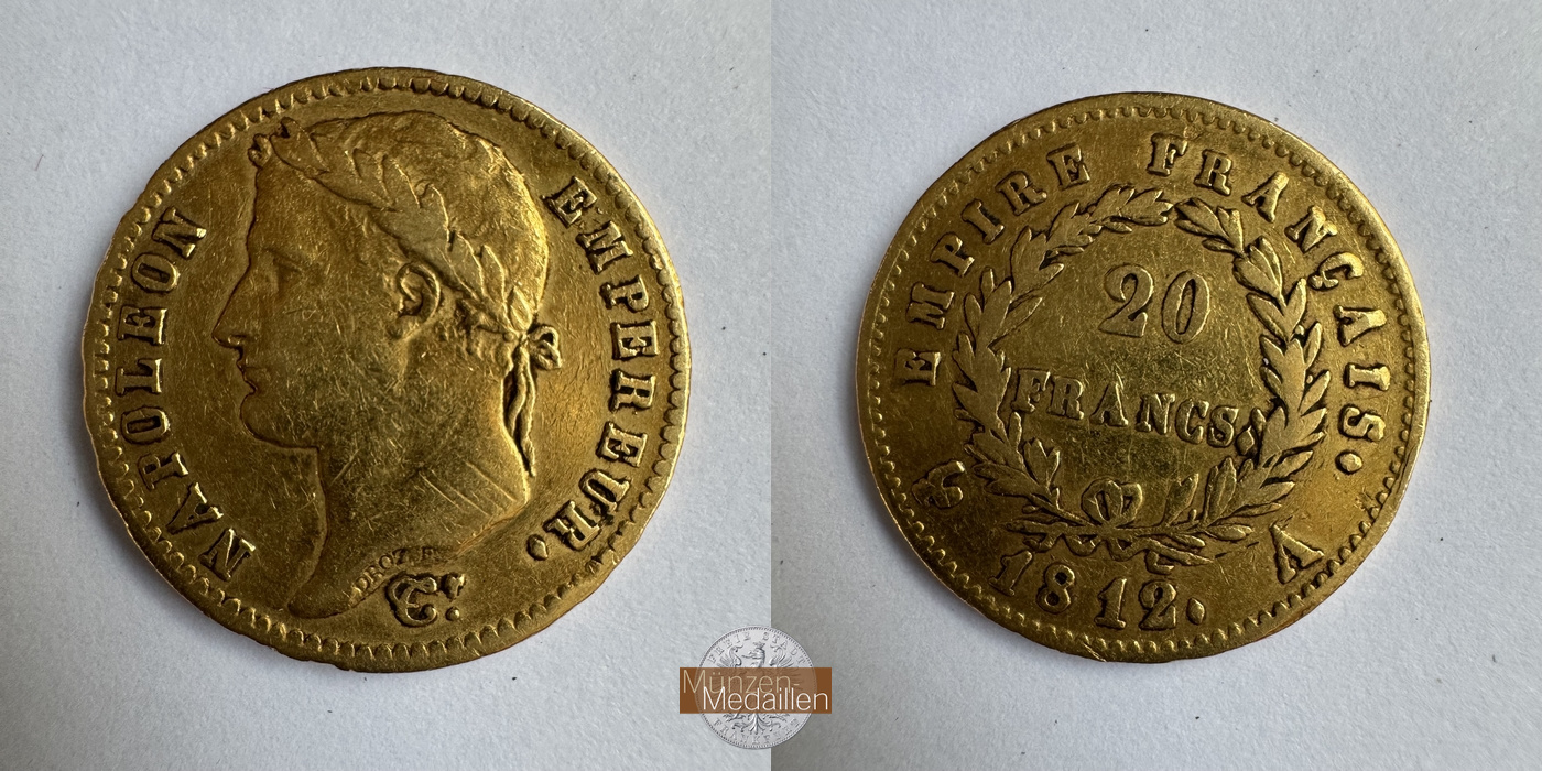 Frankreich, Napoleon I MM-Frankfurt KM#695 Feingold: 5,81g 20 Francs 1812 A 