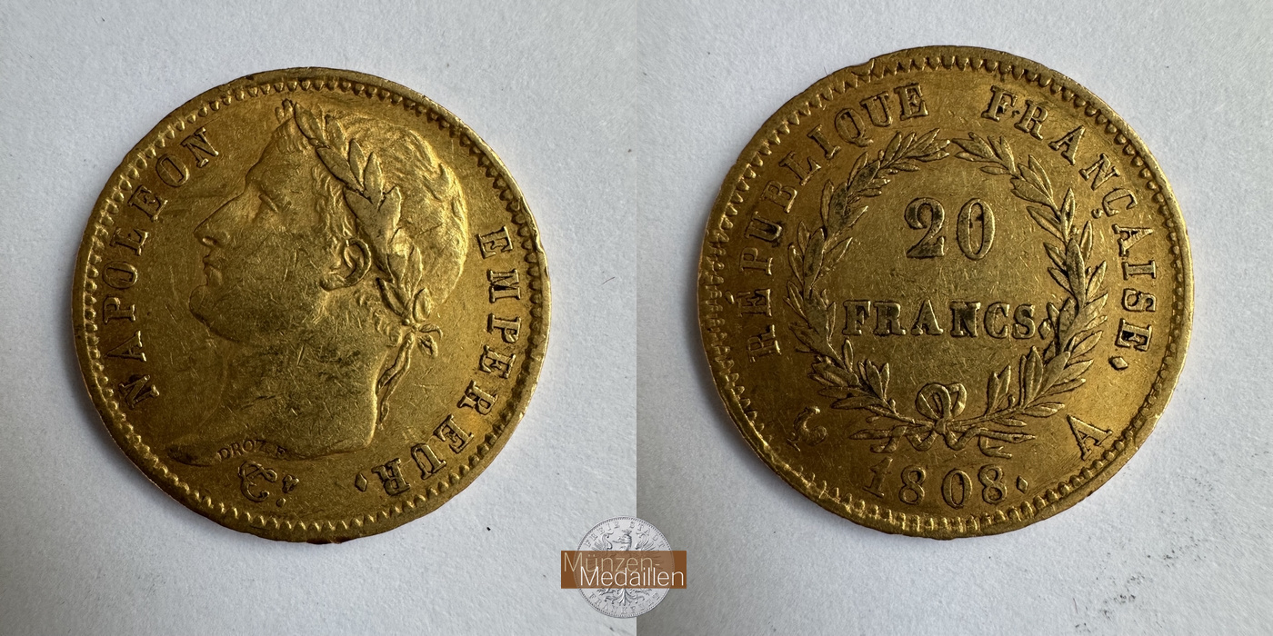 Frankreich, Napoleon I MM-Frankfurt KM#687 Feingold: 5,81g 20 Francs 1808 A 