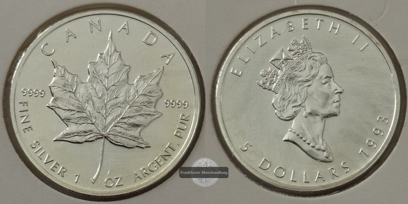  Kanada - 5 Dollar  1993  Maple Leaf   FM-Frankfurt    Feinsilber: 31g   