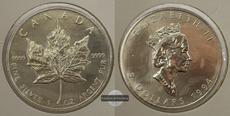  Kanada - 5 Dollar  1994  Maple Leaf   FM-Frankfurt    Feinsilber: 31g   