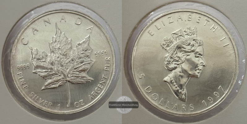  Kanada - 5 Dollar  1997  Maple Leaf   FM-Frankfurt    Feinsilber: 31g   