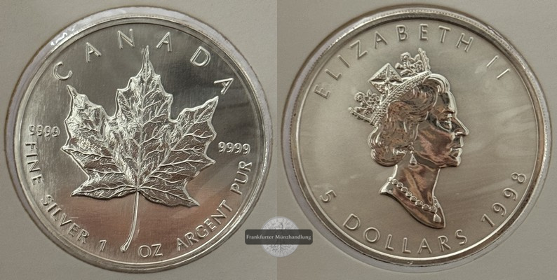  Kanada - 5 Dollar  1998  Maple Leaf   FM-Frankfurt    Feinsilber: 31g   