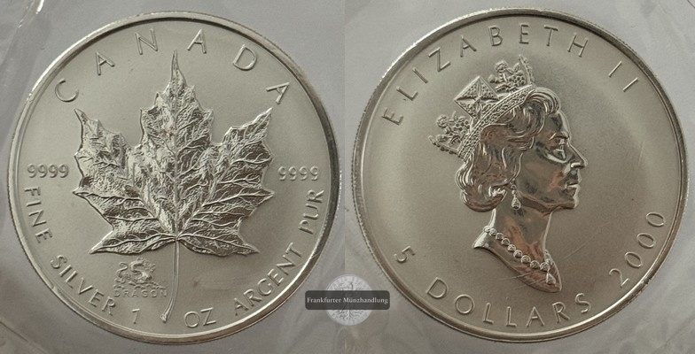  Kanada - 5 Dollar  2000  Maple Leaf   FM-Frankfurt    Feinsilber: 31g   