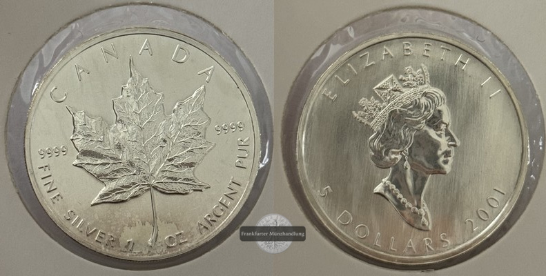  Kanada - 5 Dollar  2001  Maple Leaf   FM-Frankfurt    Feinsilber: 31g   