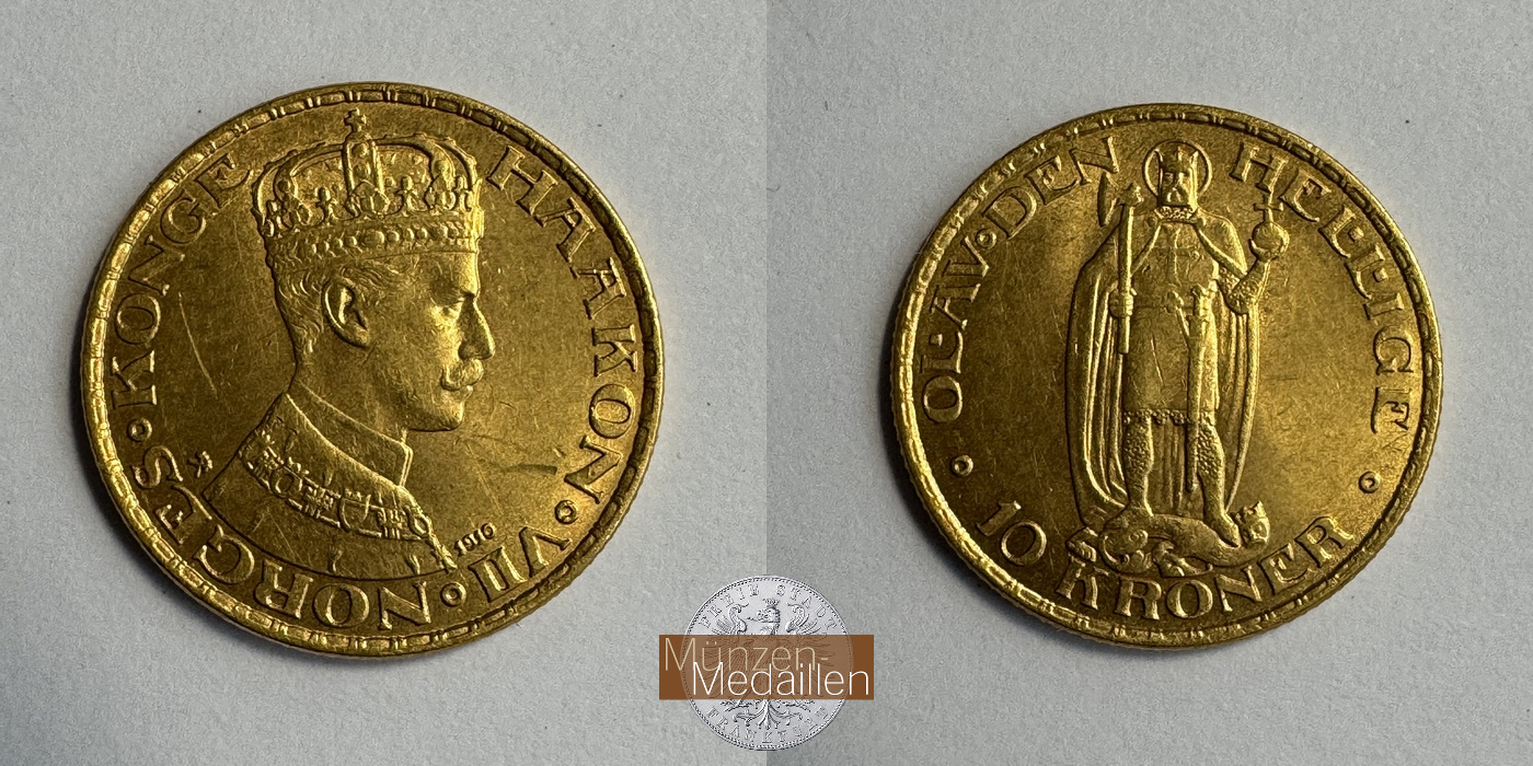 Norwegen, Haakon VII. 1906-1957 MM-Frankfurt  Feingold: 4,03 10 Kronen 1910 