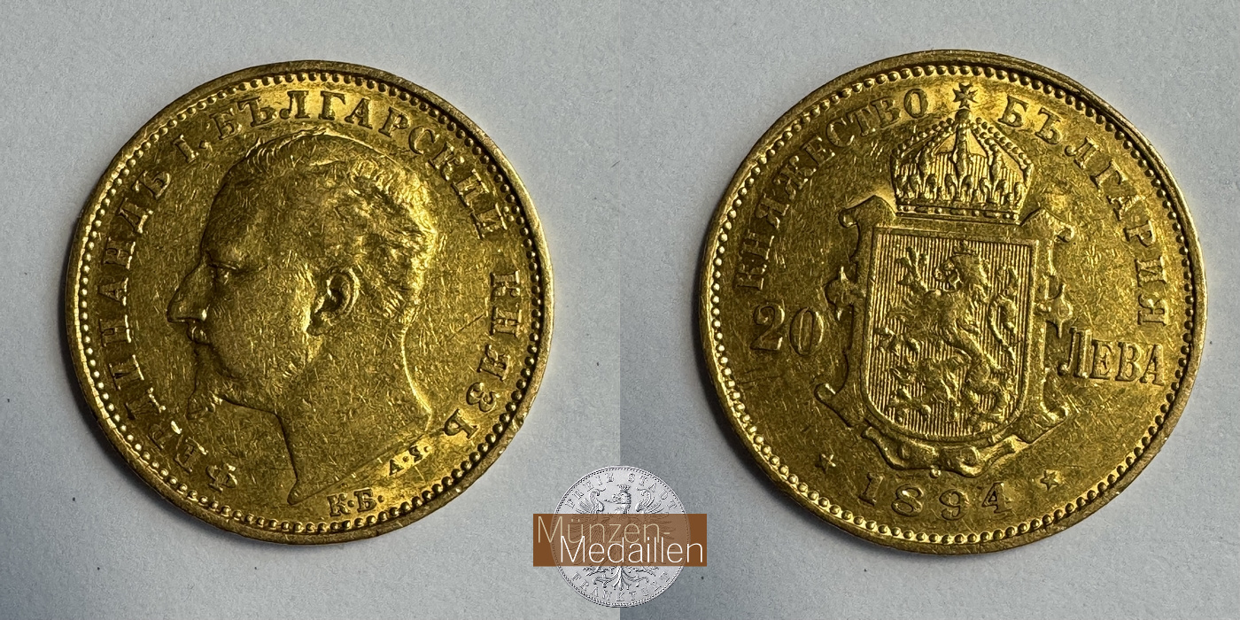 Bulgarien, Ferdinand I. 1887-1908. MM-Frankfurt Feingold: 5,81g 20 Leva 1894 KB 