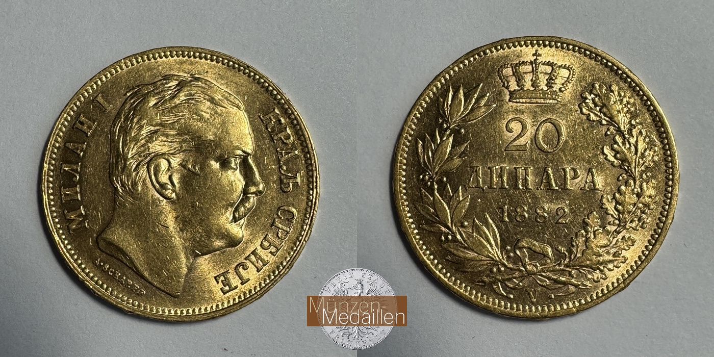 Serbien, Milan I. 1882-1889. Feingewicht: 5,81g 20 Dinara 1882 V 