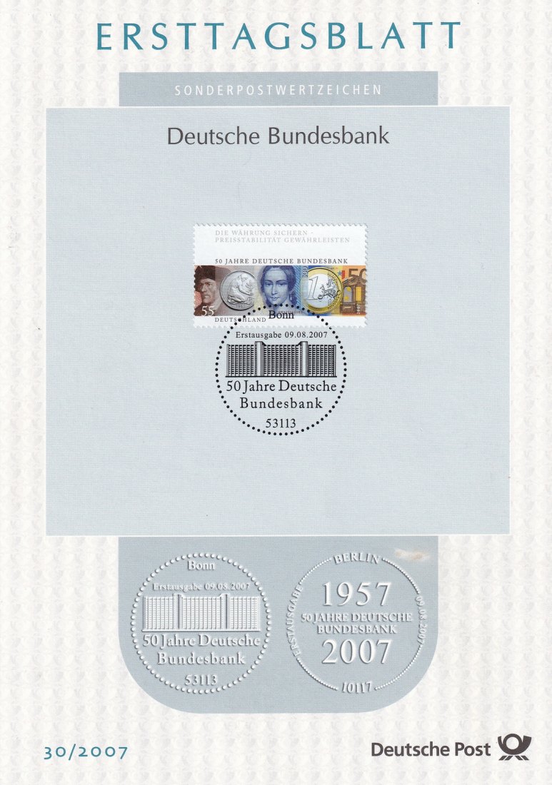  Briefmarke Ersttagsblatt Deutsche Bundesbank Sonderpostwertzeichen 30/2007   