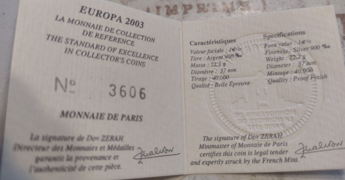  Silbermünze Frankreich 1,5€ 2003, Europa, in original Schachtel   