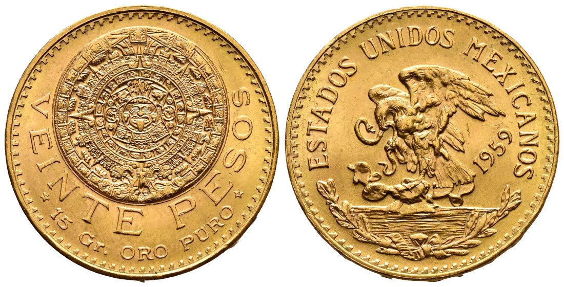 PEUS 2557 Mexiko 15 g Feingold. Aztekenkalender 20 Pesos GOLD 1959 Fast Stempelglanz