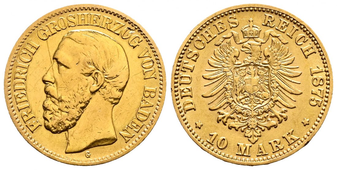 PEUS 2561 Kaiserreich - Baden 3,58 g Feingold. Friedrich I. (1852 - 1907) 10 Mark GOLD 1875 G Karlsruhe Kratzer, Sehr schön