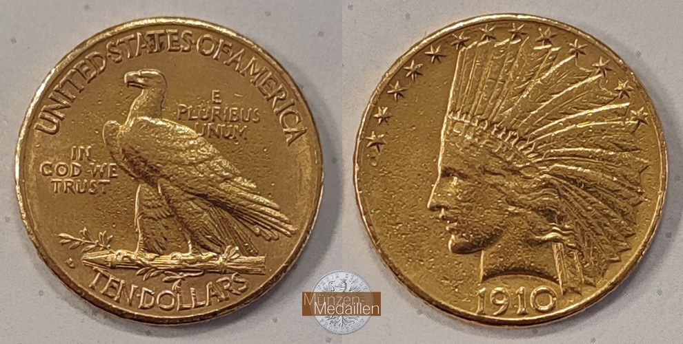 USA  10 Dollar MM-Frankfurt Feingold: 15,05g Eagle Indian Head 1910 D 