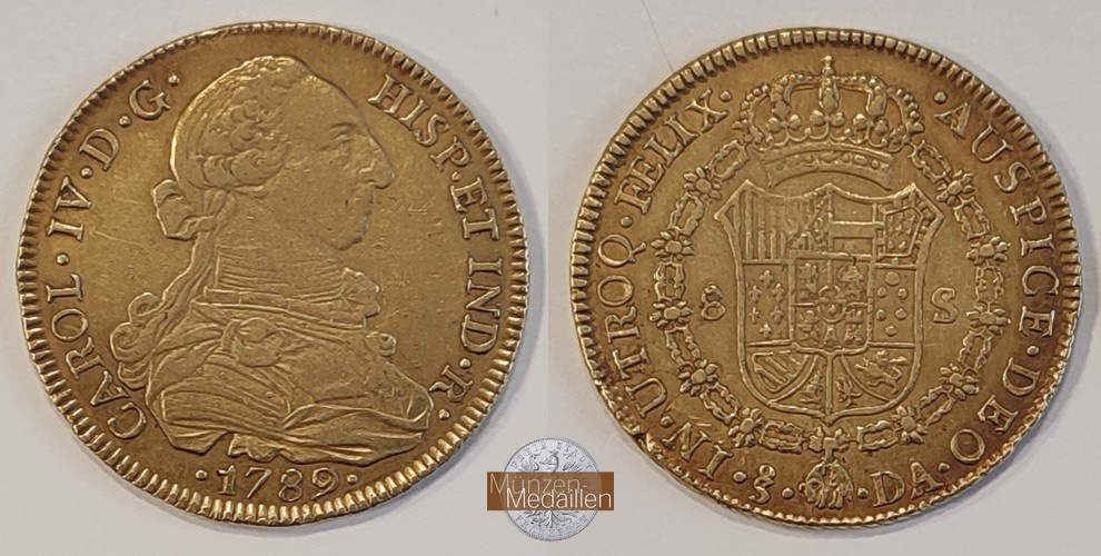 Chile, Karl IV. 1789-1808 MM-Frankfurt  Feingold: 21,32g 8 Escudos 1789 SO - DA 