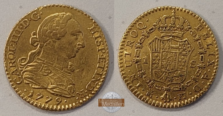 Spanien, Karl III. 1759-1788 MM-Frankfurt  Feingold: 3,3g 1 Escudo 1779 M 