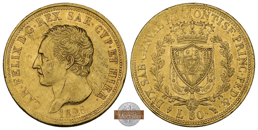 Sardinien, König Karl Felix 1821-1831 MM-Frankfurt Feingold: 23,24g 80 Lire 1826 L 