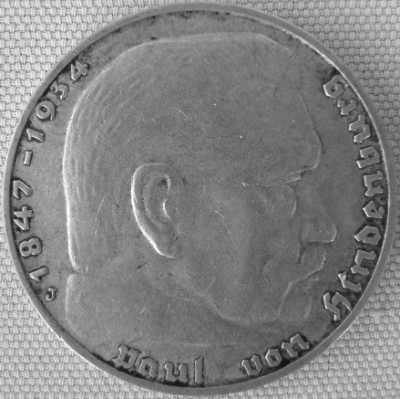  2 Reichsmark, 1936 J,Hindenburg   