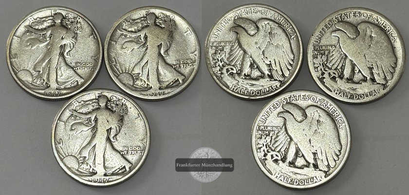  USA 3x 1/2 Dollar 1917 Walking Liberty  FM-Frankfurt  Feinsilber: 33,75g   