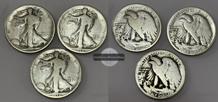  USA 3x 1/2 Dollar 1918 Walking Liberty  FM-Frankfurt  Feinsilber: 33,75g   