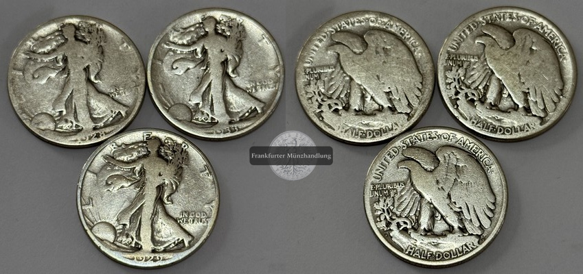  USA 3x 1/2 Dollar 1928,29,33 Walking Liberty  FM-Frankfurt  Feinsilber: 33,75g   