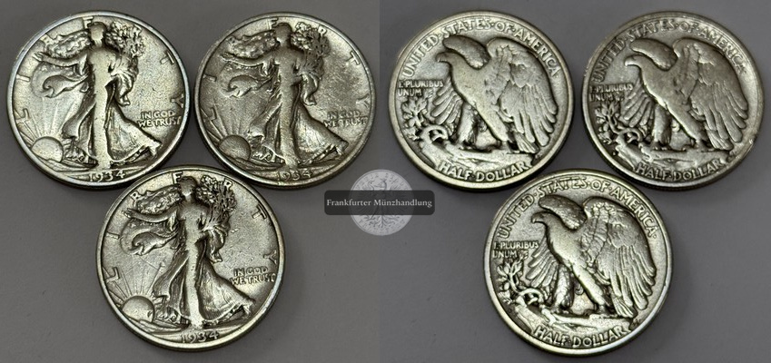  USA 3x 1/2 Dollar 1934 Walking Liberty  FM-Frankfurt  Feinsilber: 33,75g   