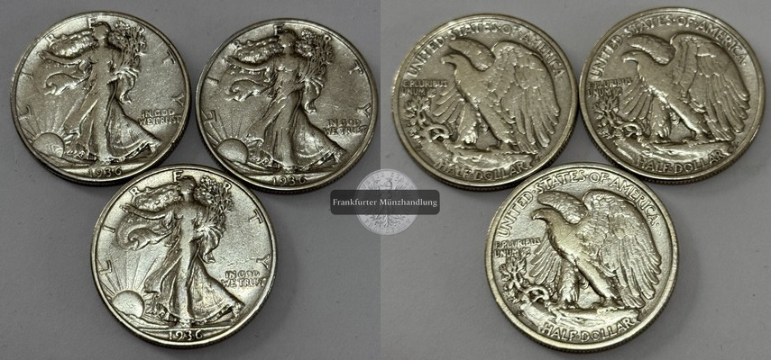  USA 3x 1/2 Dollar 1936 Walking Liberty  FM-Frankfurt  Feinsilber: 33,75g   