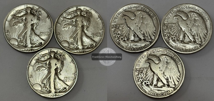  USA 3x 1/2 Dollar 1937 Walking Liberty  FM-Frankfurt  Feinsilber: 33,75g   