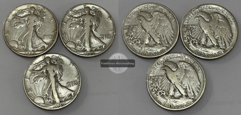  USA 3x 1/2 Dollar 1938,39 Walking Liberty  FM-Frankfurt  Feinsilber: 33,75g   