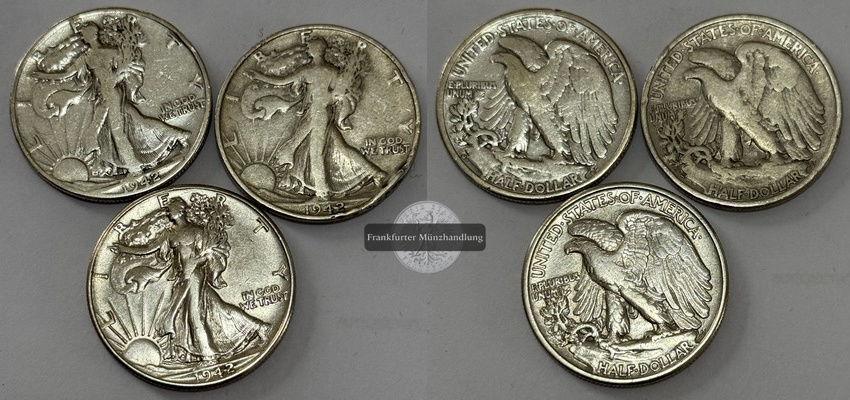  USA 3x 1/2 Dollar 1942 Walking Liberty  FM-Frankfurt  Feinsilber: 33,75g   