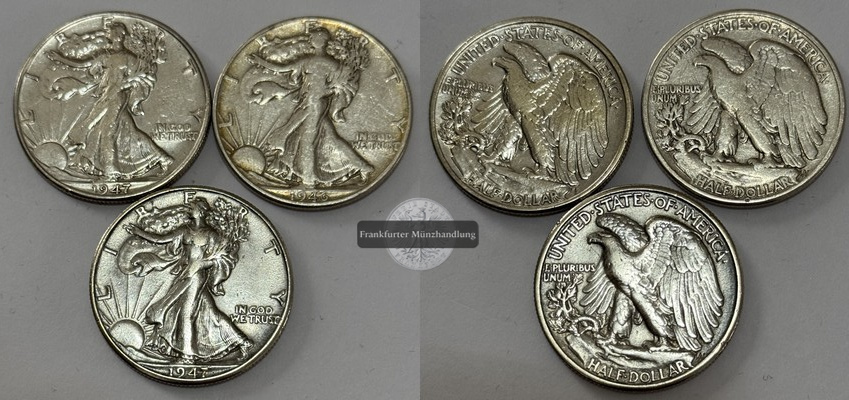  USA 3x 1/2 Dollar 1946,47 Walking Liberty  FM-Frankfurt  Feinsilber: 33,75g   