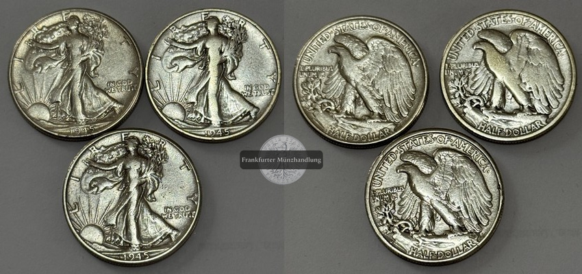  USA 3x 1/2 Dollar 1945 Walking Liberty  FM-Frankfurt  Feinsilber: 33,75g   