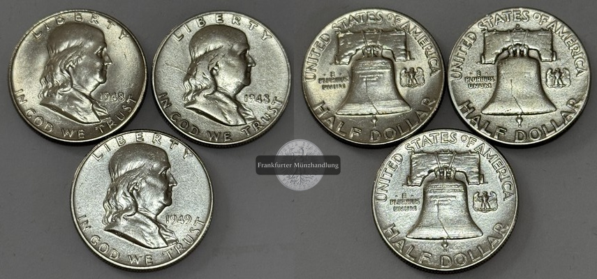  USA 3x 1/2 Dollar 1948,49 Franklin Half Dollar FM-Frankfurt  Feinsilber: 33,75g   