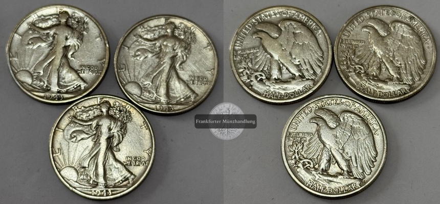  USA 3x 1/2 Dollar 1943 Walking Liberty  FM-Frankfurt  Feinsilber: 33,75g   