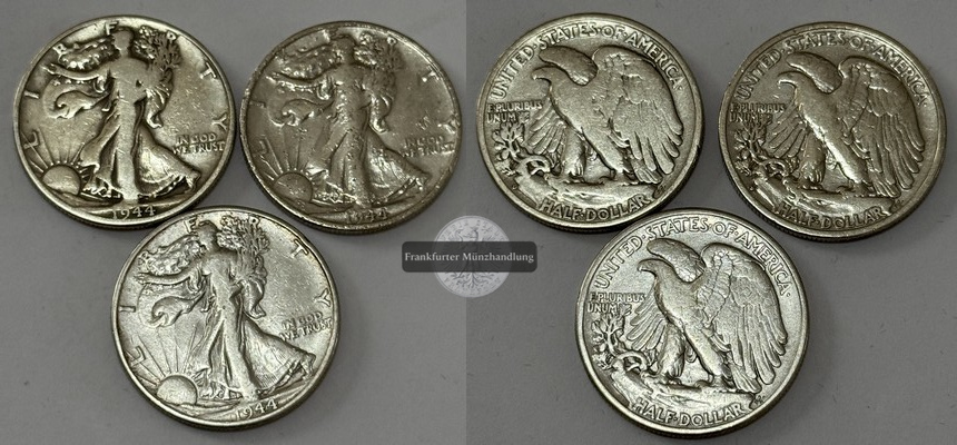  USA 3x 1/2 Dollar 1944 Walking Liberty  FM-Frankfurt  Feinsilber: 33,75g   