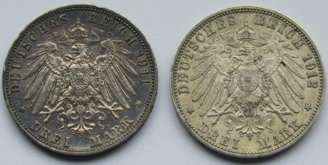  Kaiserreich: Baden, 3 Mark Friedrich II. (Jaeger 39), 2 Stück (1911 + 1912)   