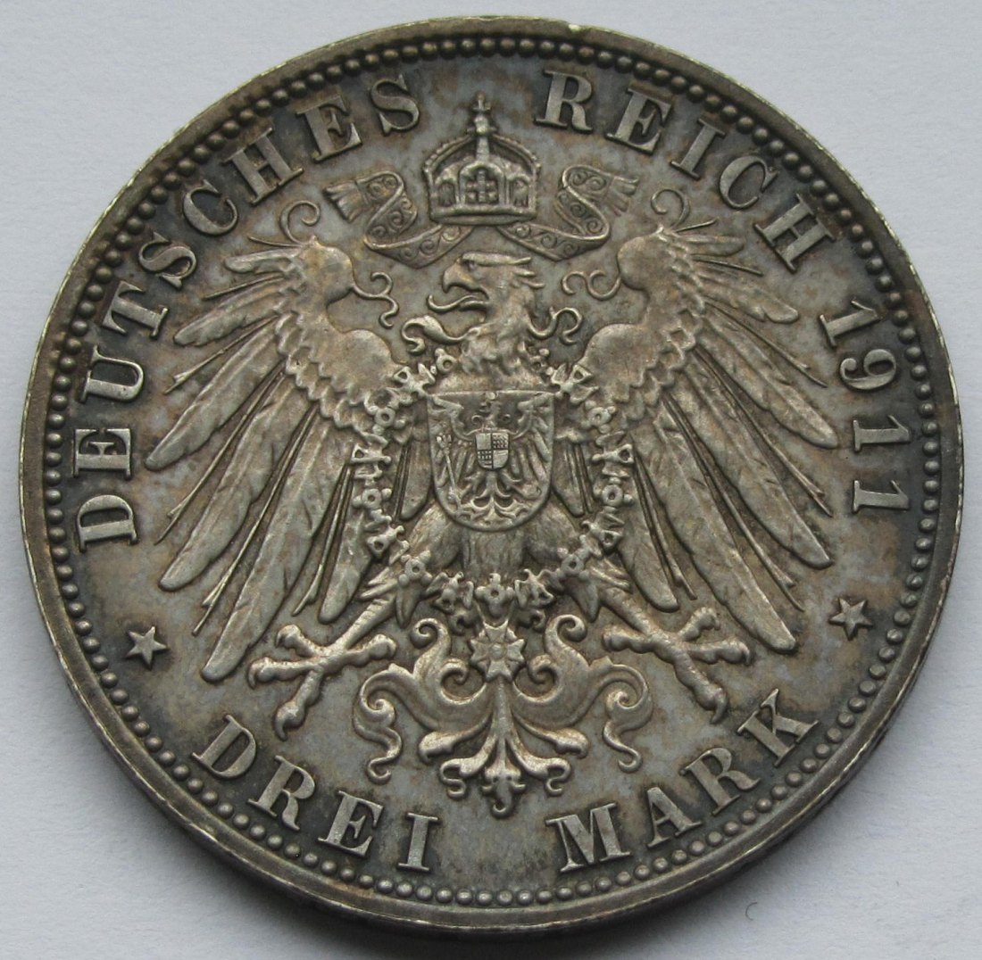  Kaiserreich: Bayern, 3 Mark Luitpold (Jaeger 49), 1911   