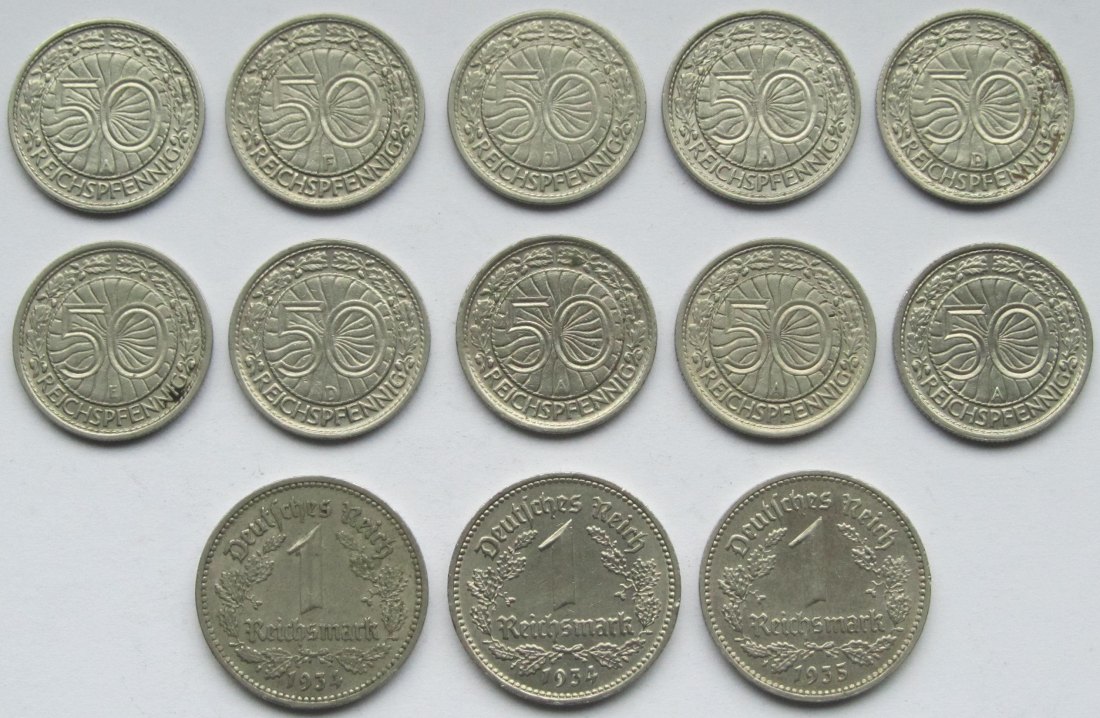  Weimarer Republik: 13 verschiedene 50 Pfennig & 1 Mark Nickel   