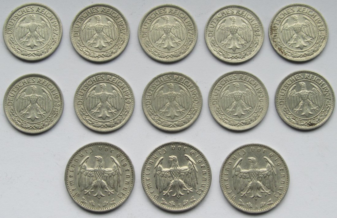  Weimarer Republik: 13 verschiedene 50 Pfennig & 1 Mark Nickel   