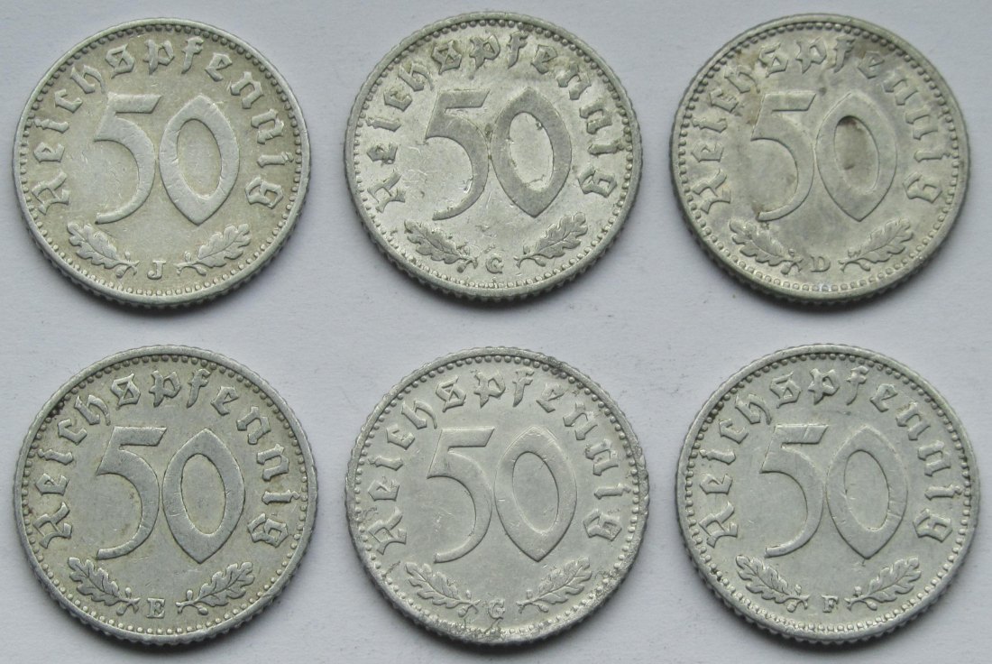  Deutsches Reich: Sechs seltene Jahrgänge 50 Pfennig Aluminium   