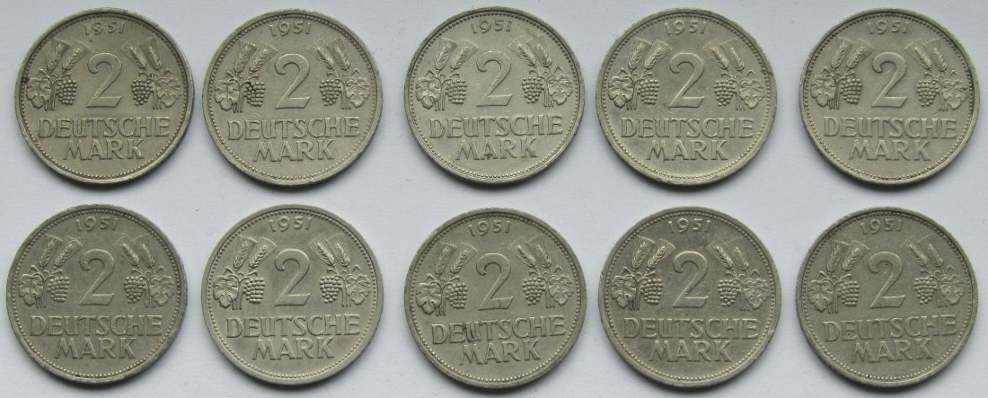  Deutschland: 10 x 2 DM Weintraube 1951, alle F   