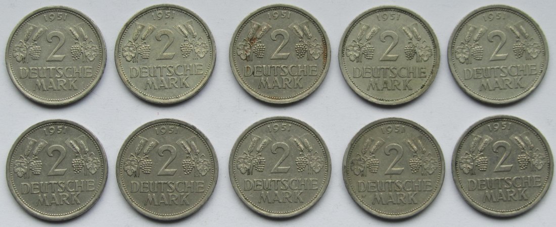  Deutschland: 10 x 2 DM Weintraube 1951, alle J   