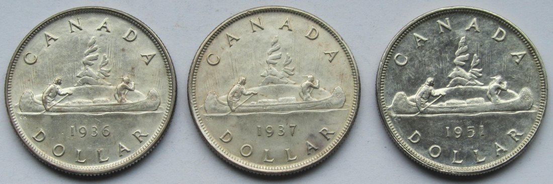  Kanada: Drei Silberdollars 1936 + 1937 + 1951, zusammen 56 g Feinsilber   