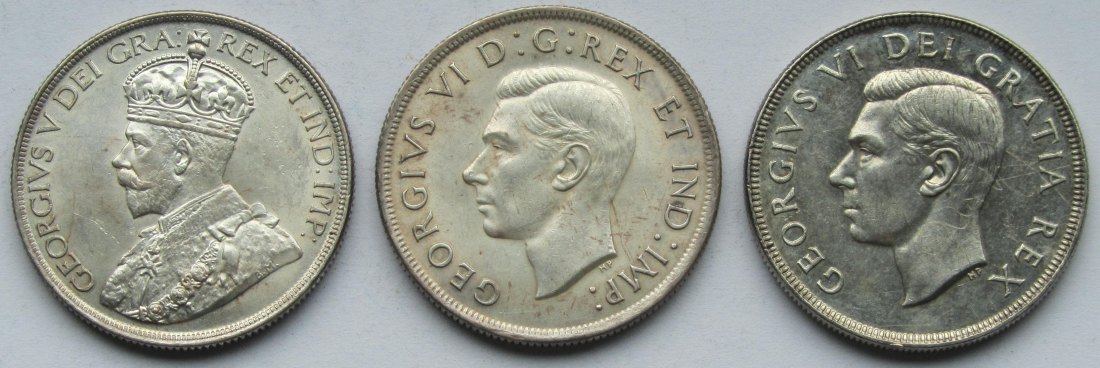  Kanada: Drei Silberdollars 1936 + 1937 + 1951, zusammen 56 g Feinsilber   